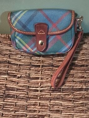 Dooney & Burke Blue Plaid Wristlet Clutch with Brown Trim